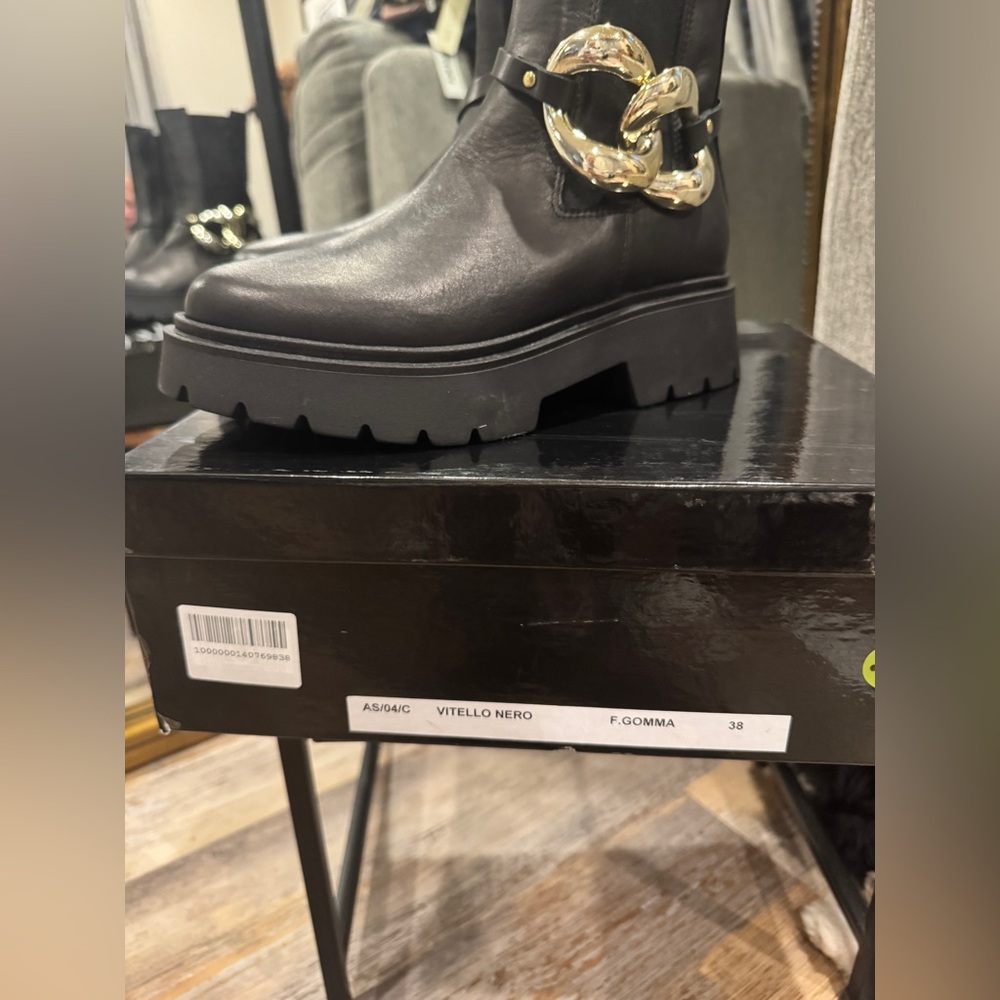 Le Pepite (Produced in Italy) Black Moto Boots with Bold “Removable” Gold Accent - Picture 5 of 8